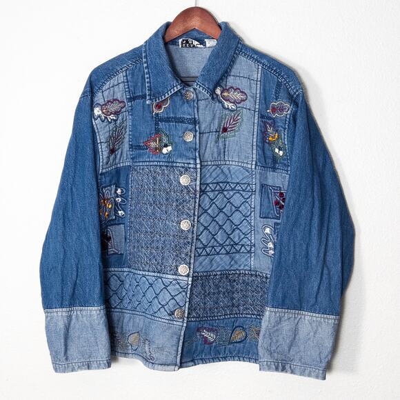 Keren Hart Women’s Embroidered Patchwork Denim Jacket Boho Eclectic Grandpa XL - Picture 1 of 8